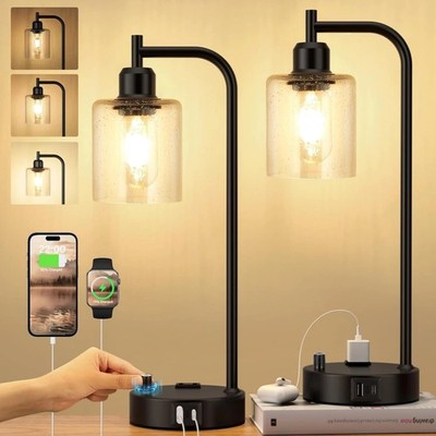 Industrial Table Lamps for Bedrooms Set of 2 - Fully Dimmable Bedside Lamps w...