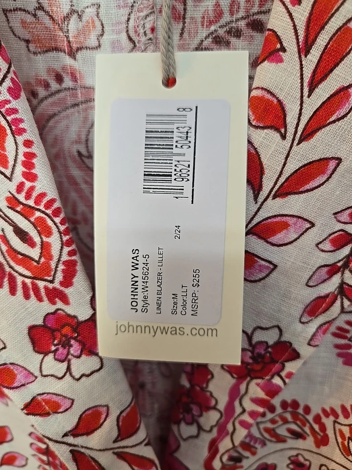 NUEVO CON ETIQUETAS Johnny Was Talla M Rojo Blanco Floral Lino Blazer Chaqueta Boho Chic Bolsillos $255 Foto 3 de 4