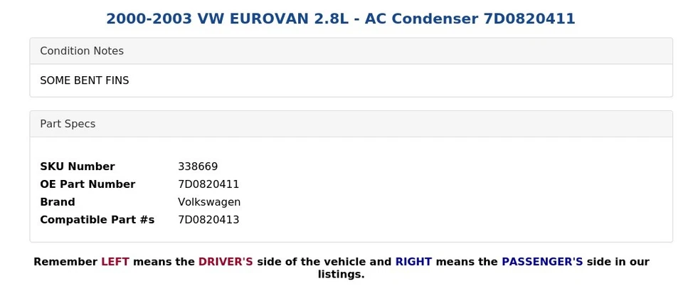 2000-2003 VW EUROVAN 2.8L - AC Condenser 7D0820411 - Image 3 of 4