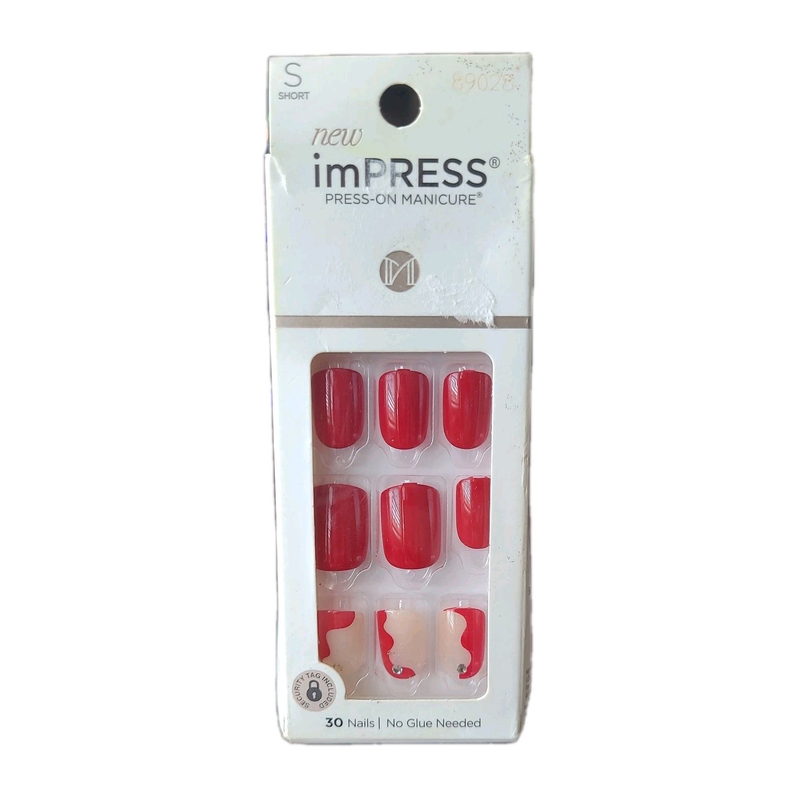 KISS imPRESS No Glue Mani Press On Nails, Design, 'Adore You', Red, W/Rhinestone