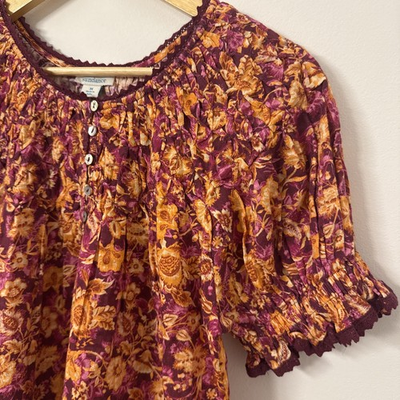 #ad Sundance Smocked Top Womens Med Pink Orange Floral Lace Trim Boho Cottagecore $27.99