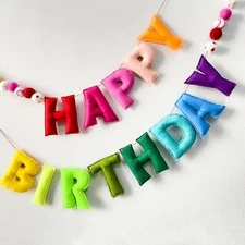 Pre-Strung Happy Birthday Banner - Handmade Wool Felt Ball Garland, Rainbow Part