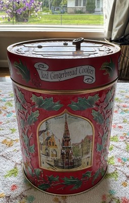 1999 Lambertz Aachen German Cookie Empty Tin Music Box Deck The Halls, WORKS!