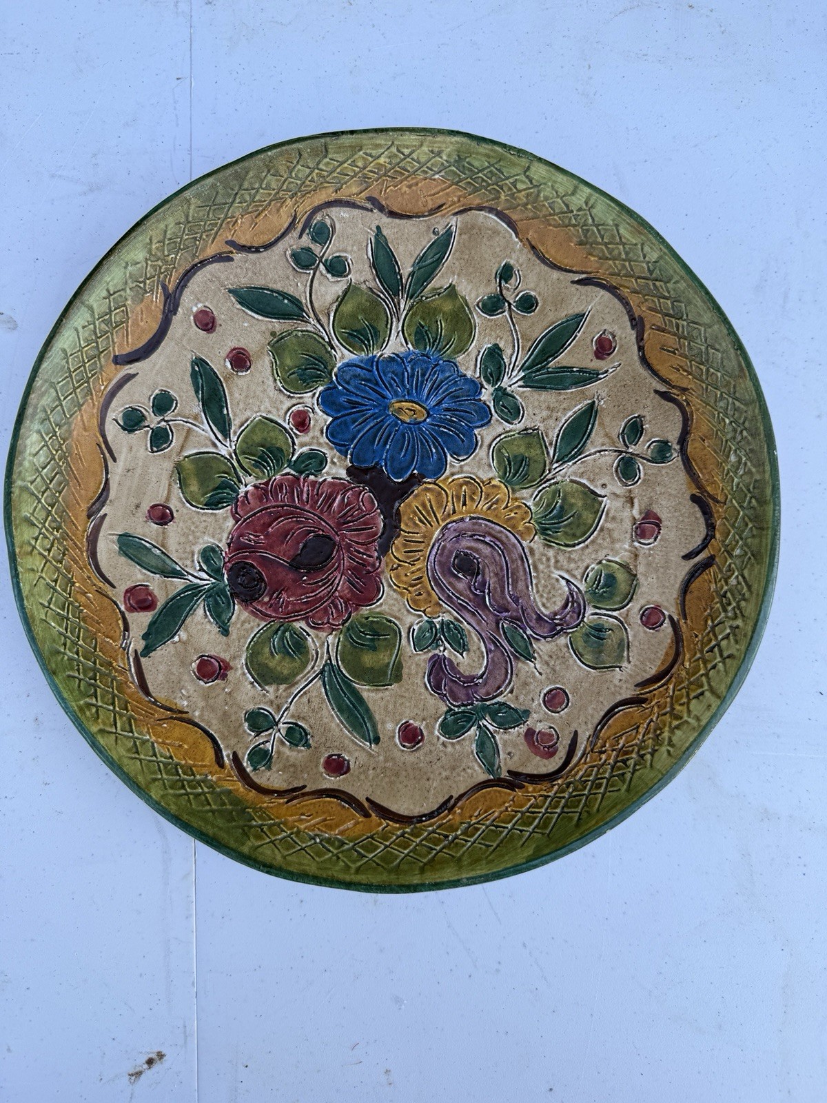 Vtg Italian Majolica Sgraffito Wall Plate 12” Dipinto A Mano Hand Painted Flower