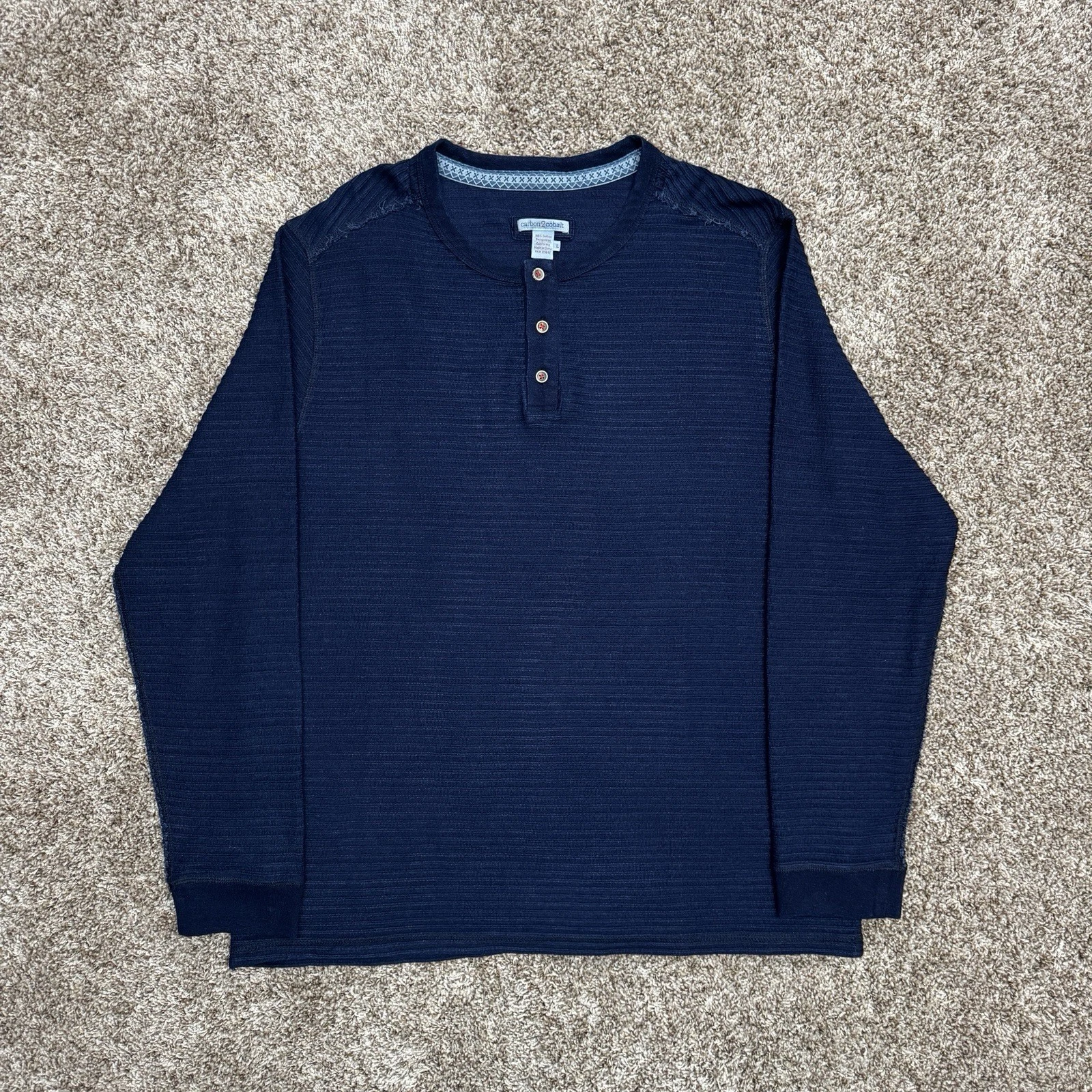 Carbon2Cobalt Henley Shirt Men’s L Blue Textured Long Sleeve Raw Edge Seam