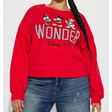 Disney 100 Years Wonder Minnie Mickey Donald Sweatshirt Red Pullover SZ 11-13