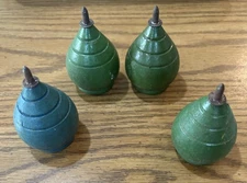 Vintage Metal Tip Wooden Spinning Tops Lot Of 4 Blue & Green