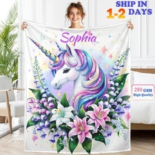 Personalized Unicorn Blanket – Custom Name Gift for Girls, Granddaughter, Birthd