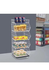 RJCDOPL 5 Tier Wire Grid Display Rack with Wheels Metal Storage Basket