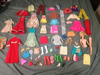 Lot Of Vintage Barbie Clothes And Accessories Clone Shoes Purses Etc.