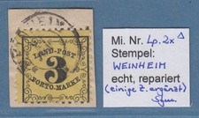 Baden Portomarke 3 Kreuzer Mi.-Nr. 2x mit Stempel WEINHEIM, rep.gpr. Stegm&uuml;ller
