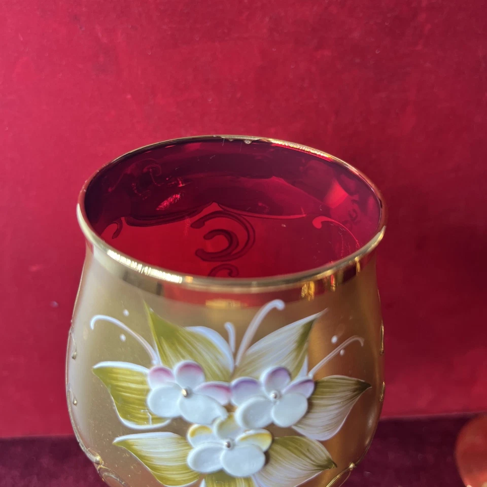 Juego de 5 copas de vino de cristal de Murano hoja de oro 24K - esmalte rojo Foto 4 de 4