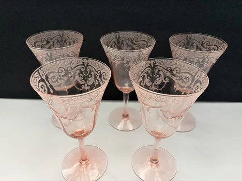 5 Vintage Pink Etched Depression Wine Water Glasses By Cambridge 6 5/8”