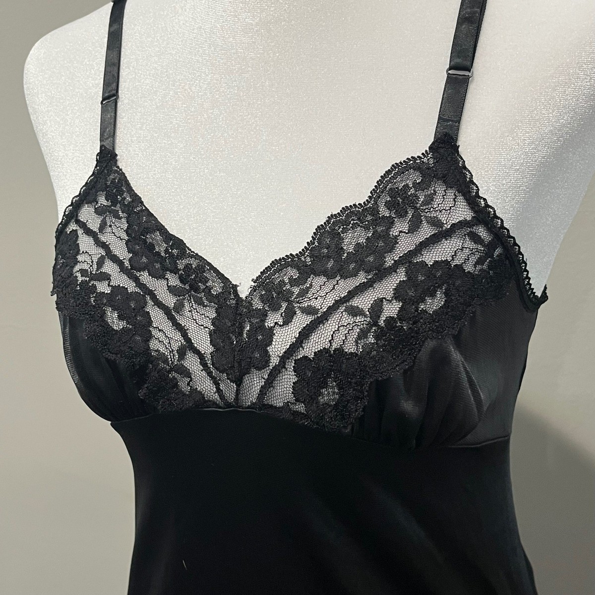 Vintage Hanes Her Way Black Lace Trim Slip Dress Size 32 Negligee Nylon Retro View 3