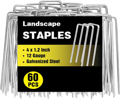 60 Pack 4 Inch Landscape Staples, Garden Staples 12 Gauge Galvanized Ground Stak