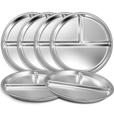 Stainless Steel Toddler Plate Set of 6, 9" Portion Control Plates Divided Pla...