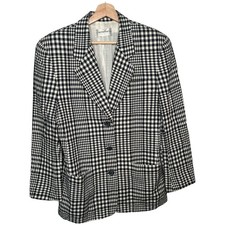 VTG LIZ CLAIBORNE I Navy Linen Blend Plaid Checkered 3 Button Blazer Jacket I 12