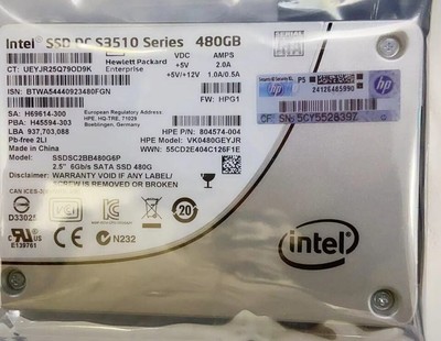   480GB DC SSD Series S3510 2.5'' SSDS2BB400G6P VK0480GEYJR E139761 HPE SSD #za