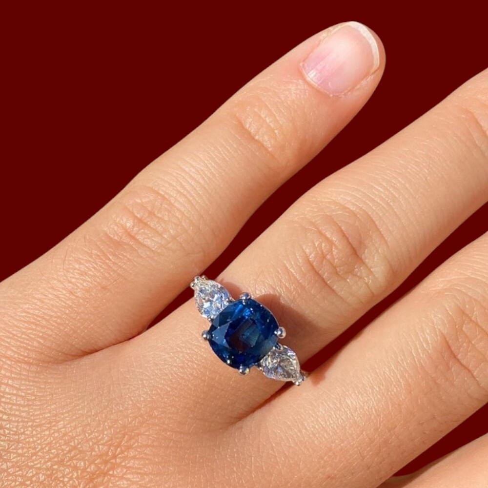14K White Gold Band Lab Created 5.78 Ct Cushion Blue Sapphire Diamond Ring
