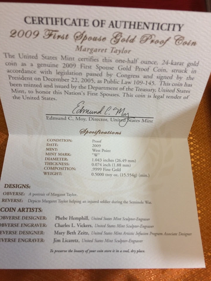 2009-W Proof $10 Gold Margaret Taylor First Spouse Box OGP & COA (X-38) NO Coins - Image 3 of 4