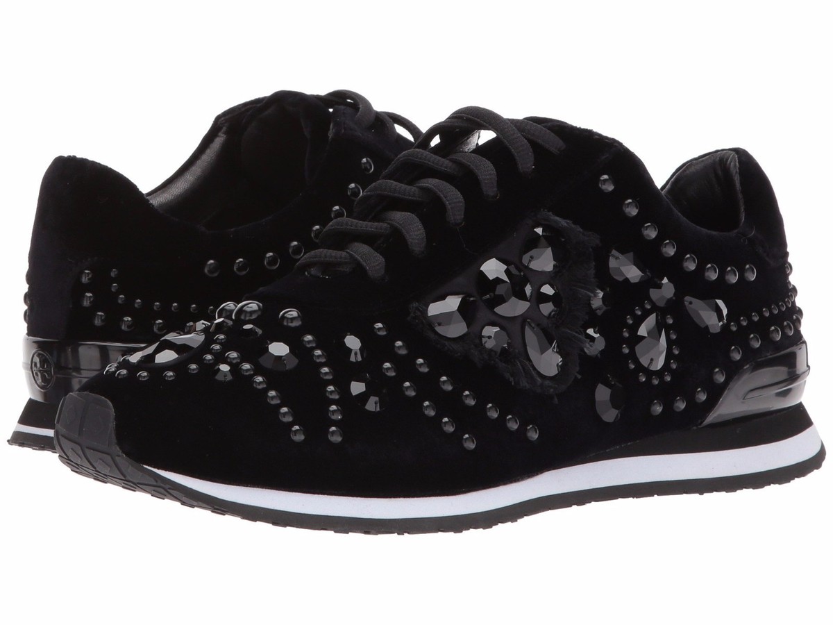 NEW Tory Burch SCARLETT RUNNER VELVET Embellished Sneakers Black