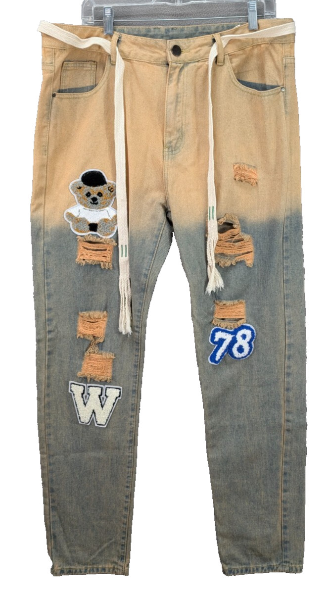 Men's Teddy Bear Patchwork Distressed Varsity Jea… - image 1