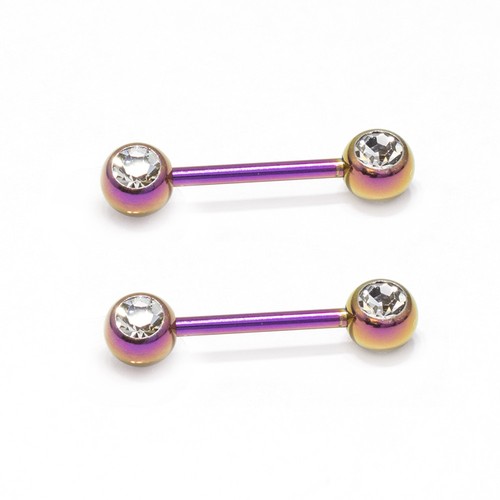 14G Nipple Ring Anodized Titanium Nipple Piercing Barbell Front Facing Clear CZ - Picture 17 of 25