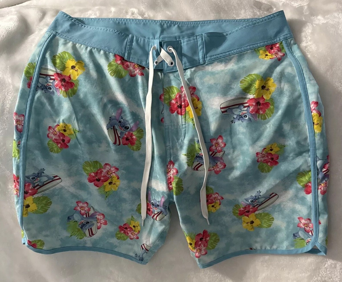 Disney Board Shorts Mens Large Blue Lilo Stitch Floral Hawaiian