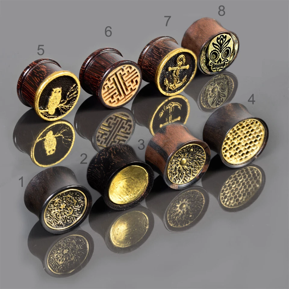 8 bis 22mm Flesh Tunnel Plug Holz Messing Ohr Piercing gold braun Motiv Z511 - Bild 2 von 2