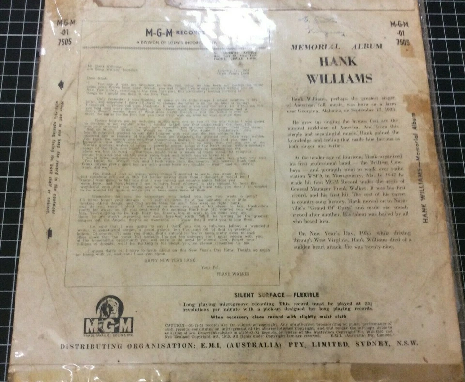 HANK WILLIAMS - ÁLBUM CONMEMORATIVO RARO AUSTRALIANO MGM RECORDS 33 RPM LP Foto 2 de 3