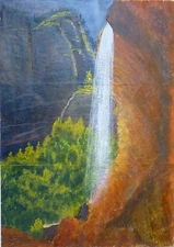 Original Landscape Painting on Paper Waterfall Mountain Forest Sun Light