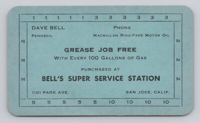 Dave Bell's Super Service Station Grease Job Gas Punch Card San Jose, California