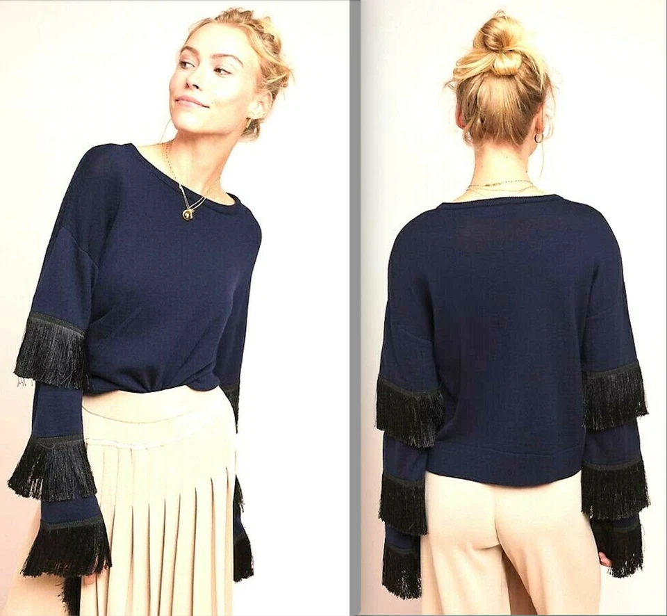 Suéter Anthropologie Tabula Rasa Kahina Azul Marino Negro Flecos Lana S Nuevo con Etiquetas $395 Foto 4 de 4