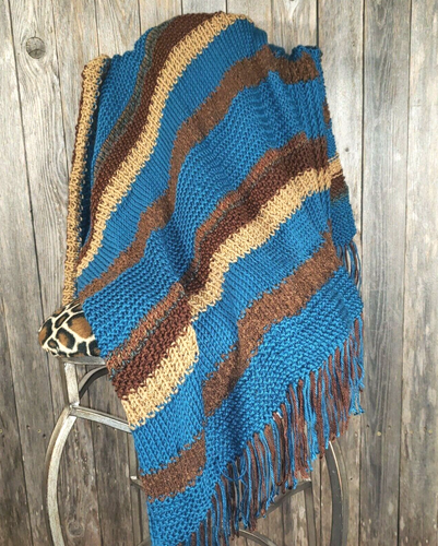 NEW Afghan Throw Blanket Brown Tan Teal Blue Handmade Hand Knit Home Decor
