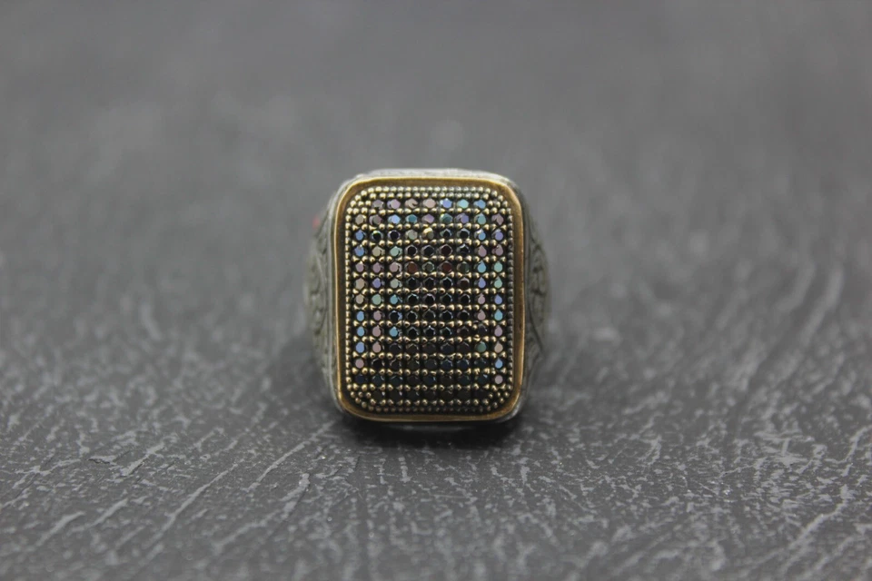 Anillo Grabado, Azul Marino Micro Circones Sólido Plata de Ley 925 Anillo Para Hombre Foto 3 de 4