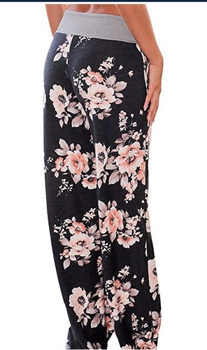 NEWCOSPLAY Women's Comfy Floral Print High Waist Drawstring Palazzo PANTS SMALL - 第 4/4 張圖片