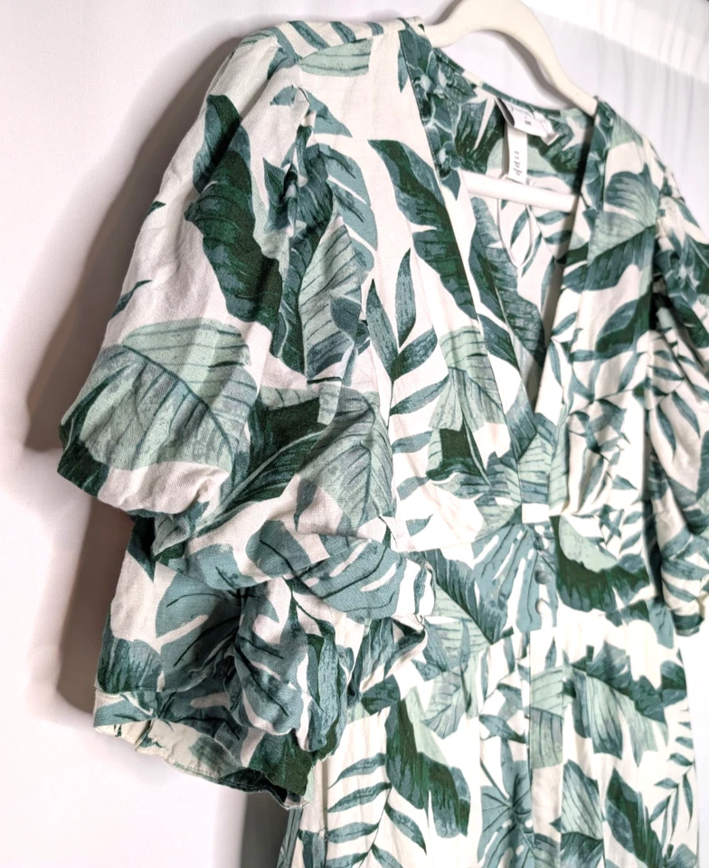 Vestido H&M Johanna Ortiz Blanco Verde Estampado Hoja de Palma Mezcla de Lino Cottage Midi MD Foto 3 de 4