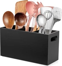 ALELION Large Utensil Holder with Removable Divider - 3 Compartment Black 