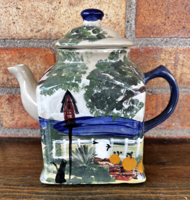 Hand Painted Square Ceramic Kitchen Tea Pot, Farm Scene Preowned Unbranded