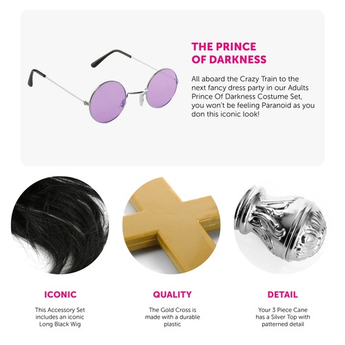 MENS DARKNESS PRINCE OSBOURNE INSPIRED FANCY DRESS SUIT WIG GLASSES MICROPHONE - Picture 2 of 7