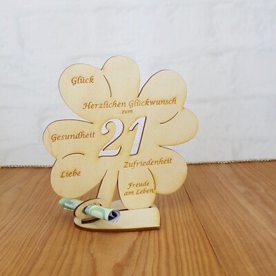 Geldgeschenk 21 Geburtstag Gutschein mit Wunschname Kleeblatt 11cm oder 16cmHolz