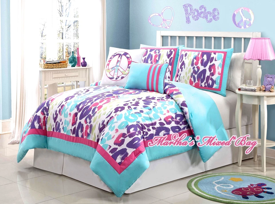 Teen Girl Pink Purple SAFARI LEOPARD PRINT COMFORTER SET+PILLOW+PEACE SIGN DECAL - Image 2 of 4