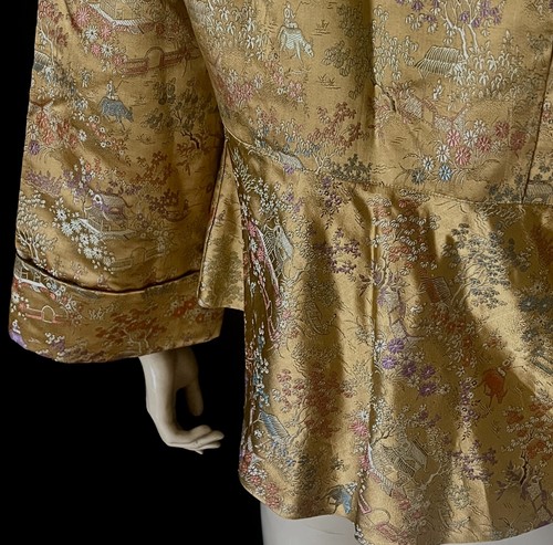Chaqueta asiática brocada de seda albaricoque dorado de la década de 1940, peplum, mangas de campana, mediana, excelente - Imagen 4 de 9