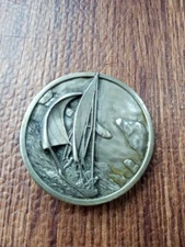 1977 Round Metal Bergamot Brass Works Sail Boat Belt Buckle USA Sailing