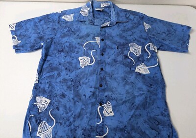 Tropical L'Attitude Shirt Men's L Ocean Blue Button Up Sting Ray Pattern