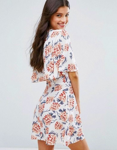 ASOS cape skater dress summer designer floral mini short boho size M L UK 14 New - Picture 3 of 8