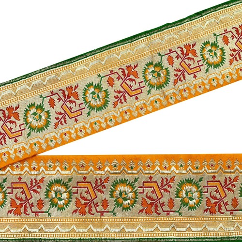 Vintage Saffron Sari Border Woven Banarasi 1yd Trim Craft Sewing Recycled Zari - Picture 5 of 14