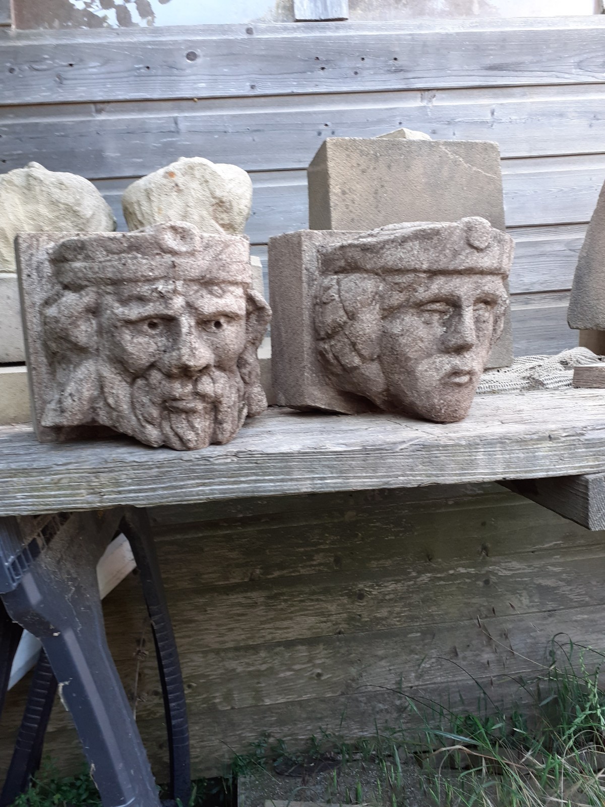Vintage Stone Heads, Stone Carvings, Pair Of Stone Head Corbels Hand Carved King