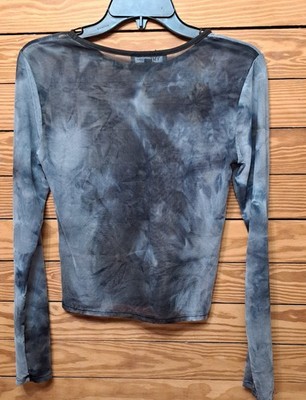 Y2K Tie Dye LS Sheer Mesh Blue And Grey Abstract YMI Sz L See Hem Out On Sleeve