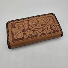 Vintage Hand Tooled Leather Wallet With Multiple Sections Snap Closure  READ 